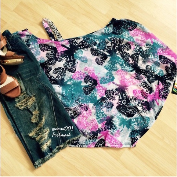 INC International Concepts Tops - Pretty Floral Butterfly Print Cold Shoulder Bling Strap Top Blouse